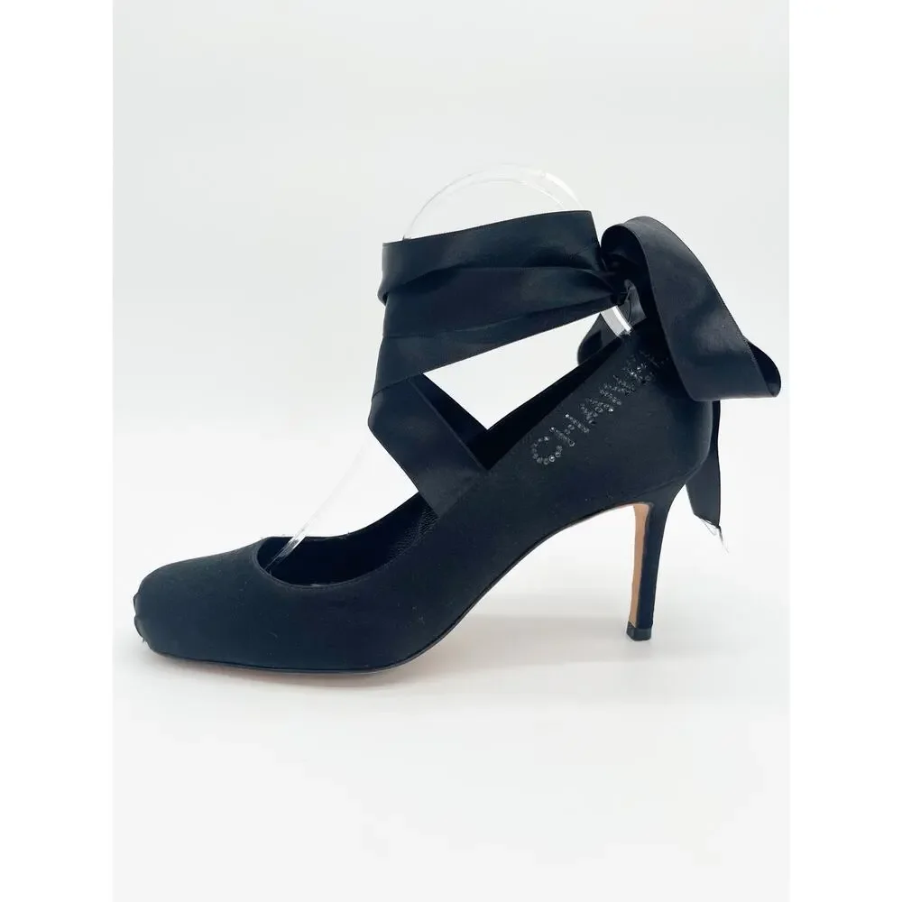 Chanel Vintage Black Satin Crystal Logo Ankle Lace Up Ballet Pumps Heels EU 37.5